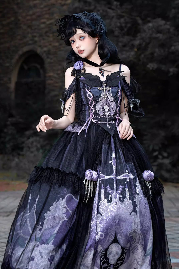 Black/Blue Skull Magic Print Ruffle Bowknot Gothic Elegant Lolita Skirt Two-Piece Set