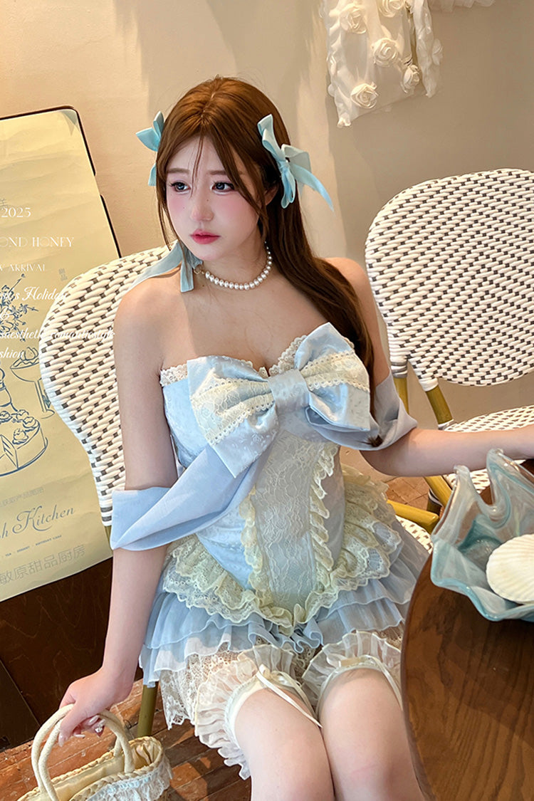 Blue Antique Girl Sleeveless Double-Layered Ruffle Bowknot Lace Sweet Lolita Two-piece Skirt Set