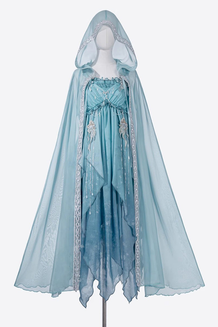 Blue Ocean Sprite Gradient Print Irregular Hooded Sweet Lolita Jsk Dress Cloak Set