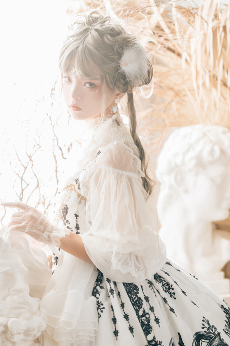 White Dragon Rider Print Ruffle Cardigan Bowknot Lace Gothic Lolita Jsk Dress