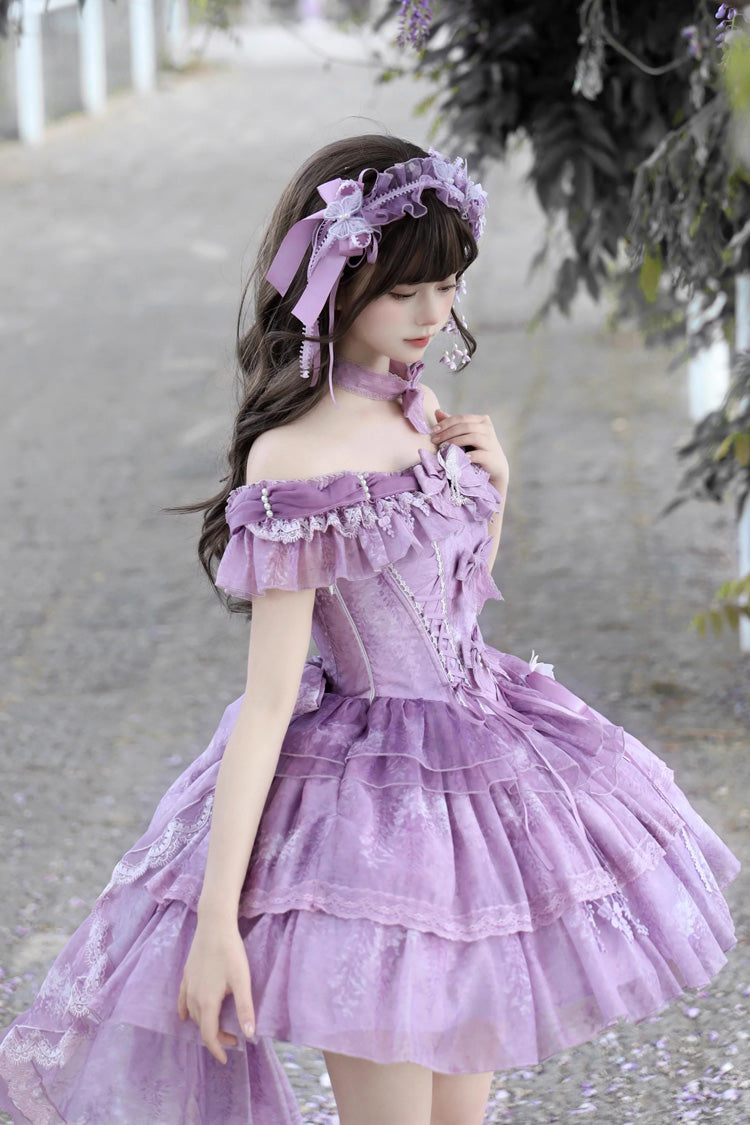 Purple Wisteria Wonderland Double-Layered Bow Lace-Up Sweet Elegant Princess Ballet Lolita Jsk Dress