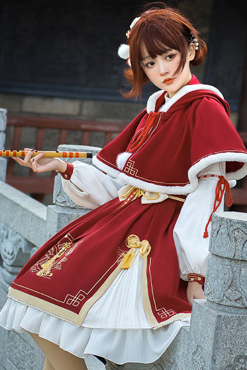 Red Chinese New Year Golden Crane Print Long Sleeve Sweet Lolita OP Dress