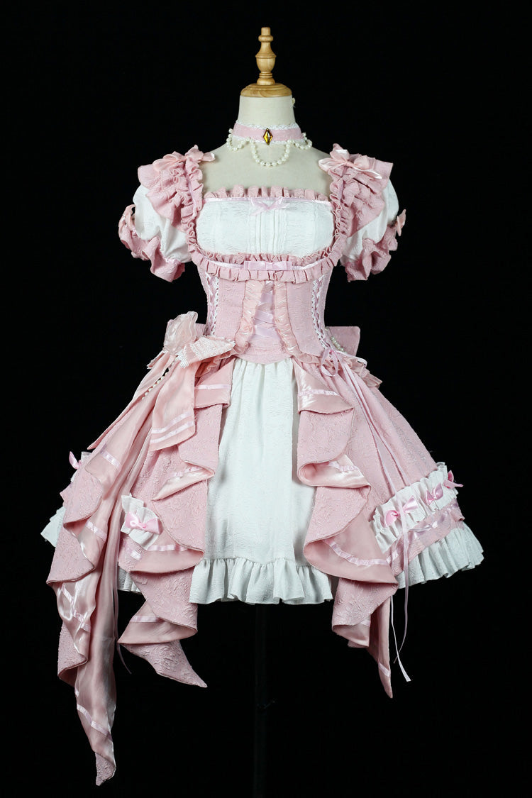 Spring Overture Square Collar Short Sleeves Ruffle Cardigan Bowknot Lace Sweet Elegant Lolita Skirt Set 4 Colors