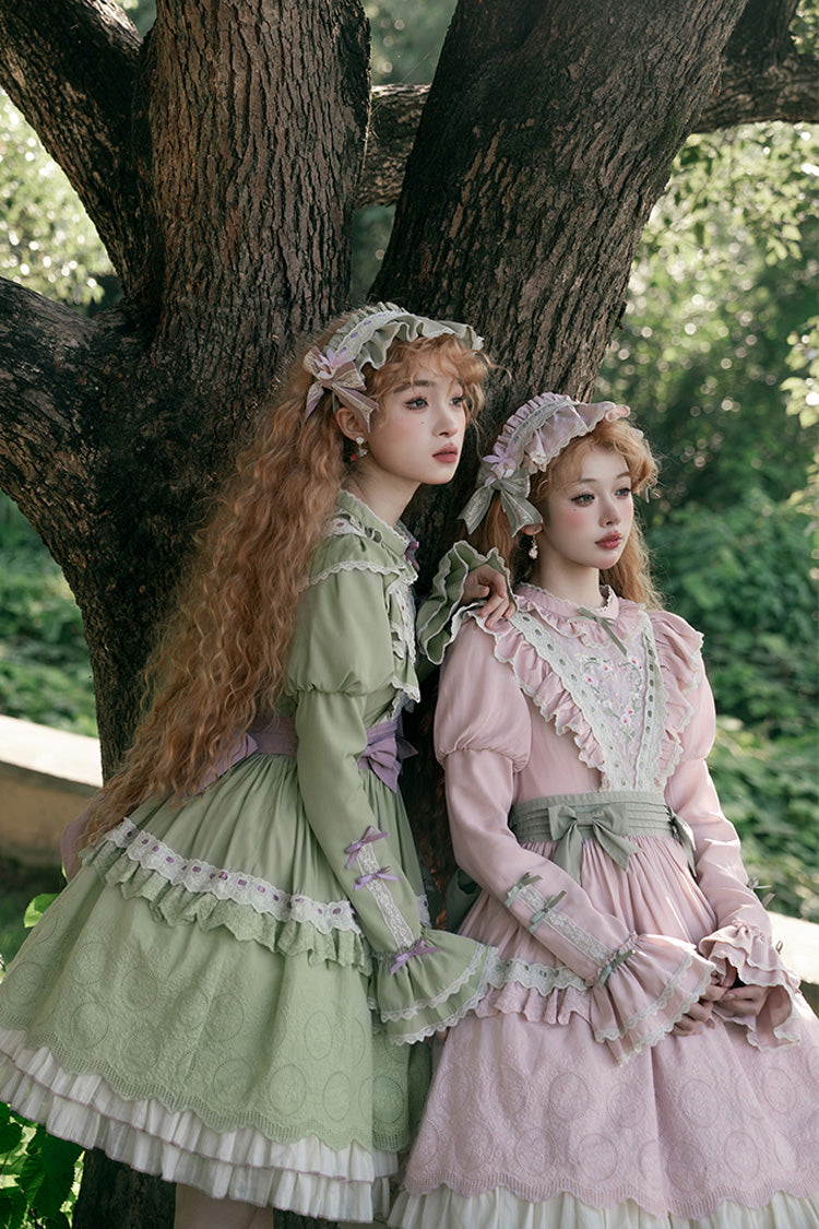 Pink Solitary Orchid In Quiet Valley Long Sleeves Multi-Layered Embroidery Bowknot Sweet Lolita Dress