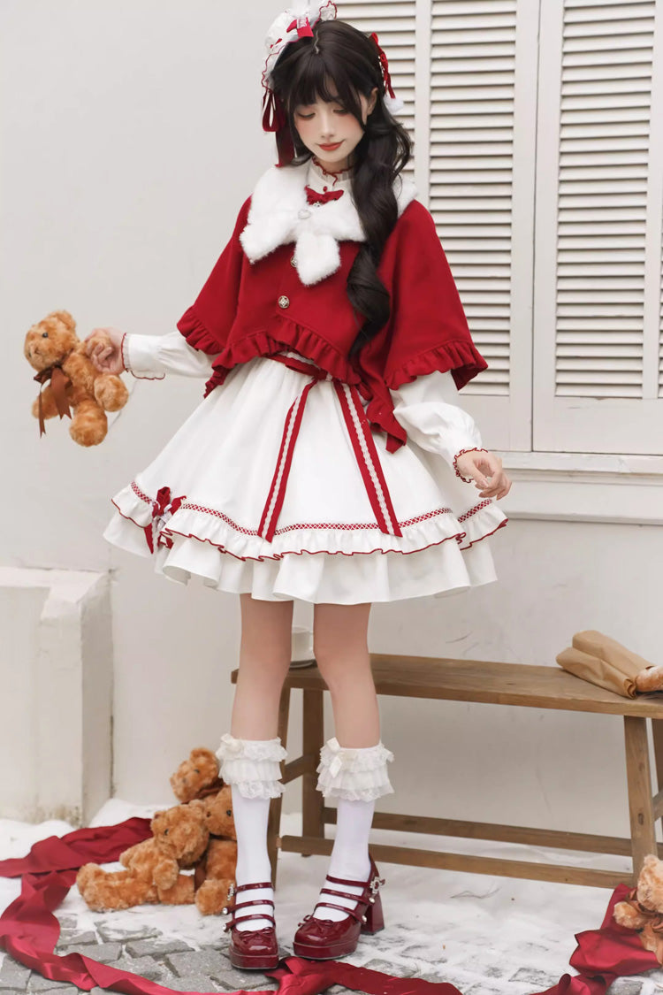 Red/White Red Vow Stand Collar Long Sleeves Multi-Layered Ruffled Bow Sweet Lolita Dress