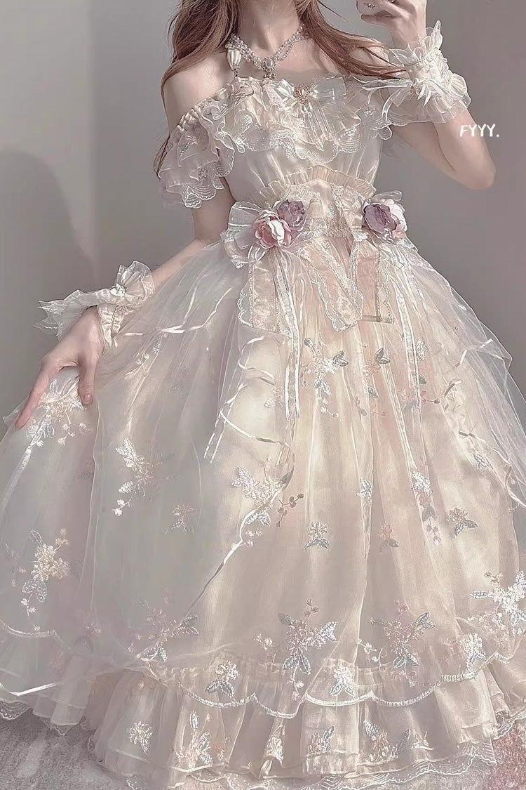 Ivory Short Sleeves Multi-layer Hanayome Bowknot Princess Gorgeous Sweet Lolita Strapless Dress Set