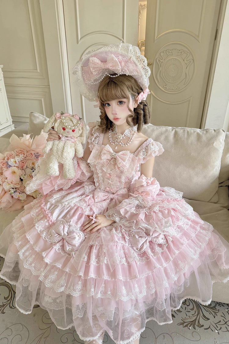 Pink Prelude of Spring Sleeveless Multi-Layered Ruffled Bow Lace Sweet Princess Lolita Jsk Dress