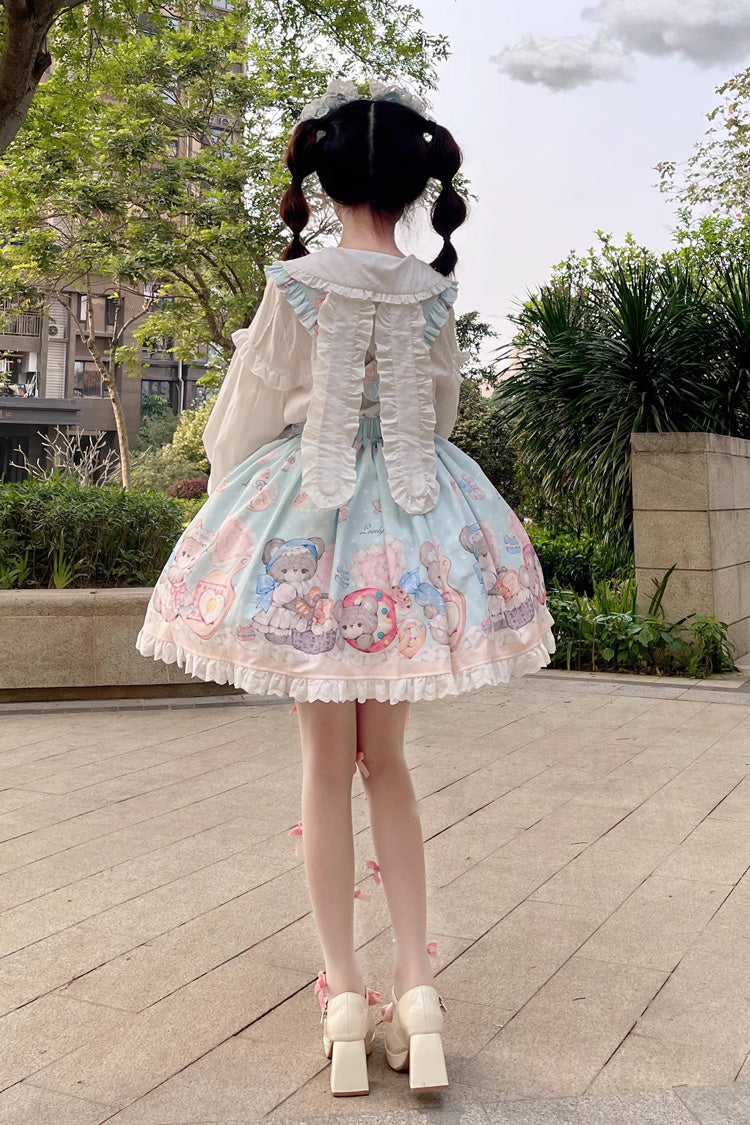Blue Baked Bear Print Ruffle Sweet Lolita Skirt