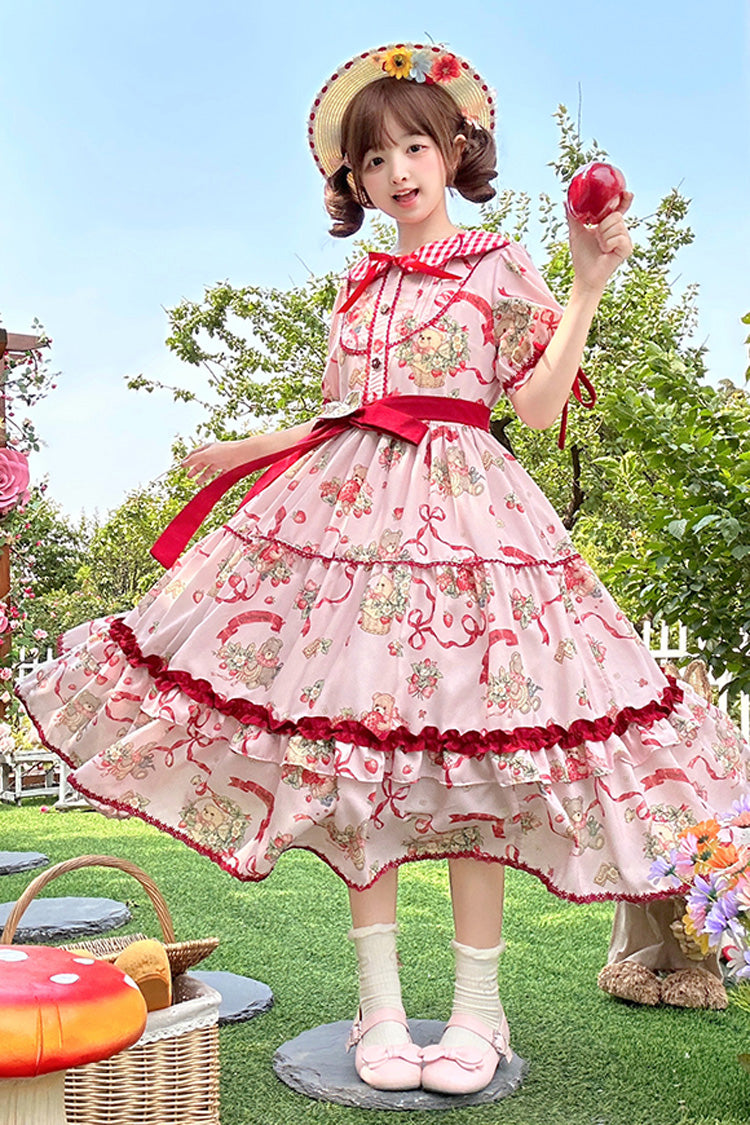 Bear's Strawberry Garden Lapel Collar Short Sleeves Print Bowknot Sweet Lolita Dress 4 Colors