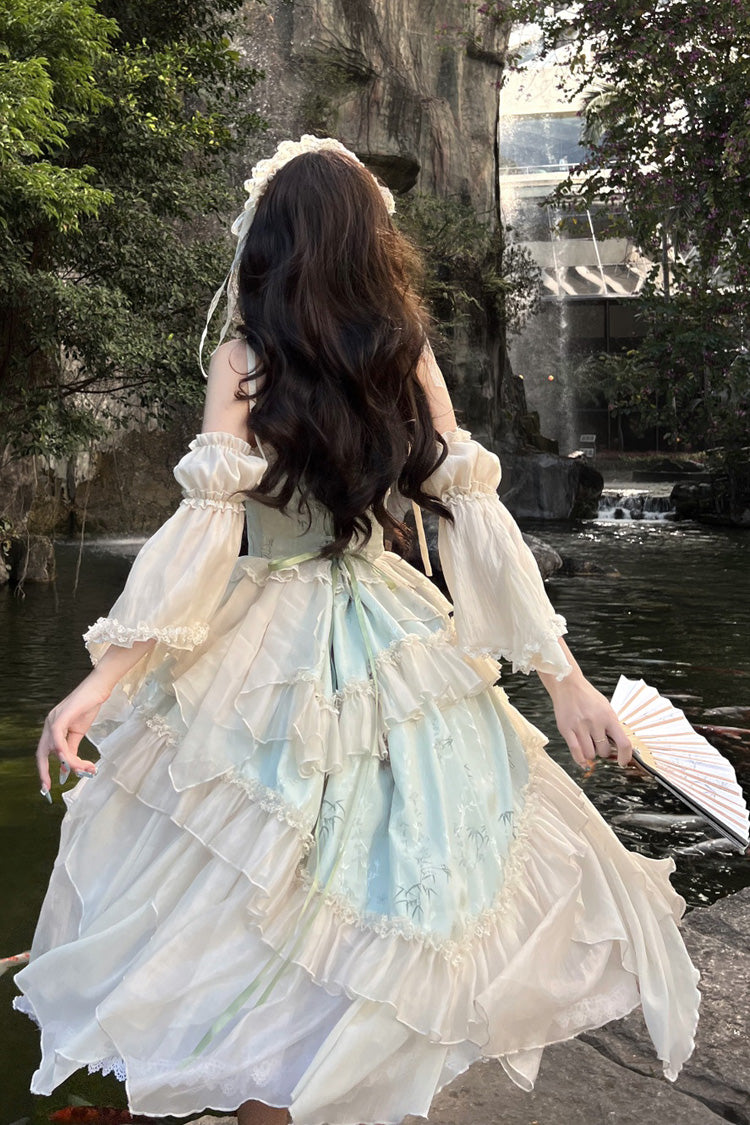 Green Tea Bamboo Song Sleeveless Jacquard Ruffle Bowknot Lace Irregular Sweet Chinese Style Ballet Lolita Jsk Dress Long Version Set