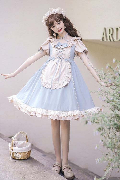 Round Collar Puff Doll Short Sleeves High Waist Bowknot Sweet Lolita Op Dress