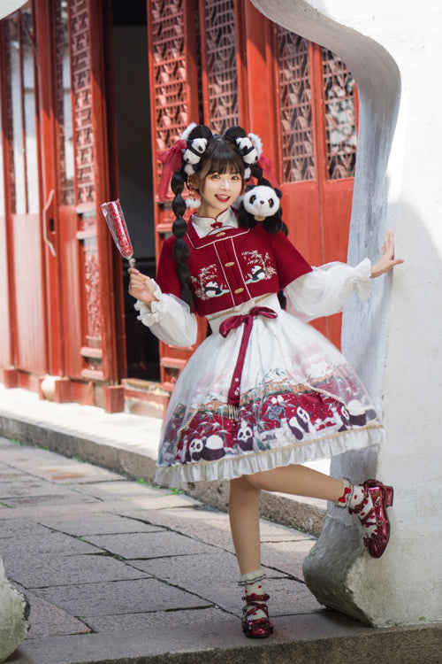 Red/White Chinese Style Lantern Sleeves Panda Print Sweet Lolita OP Dress