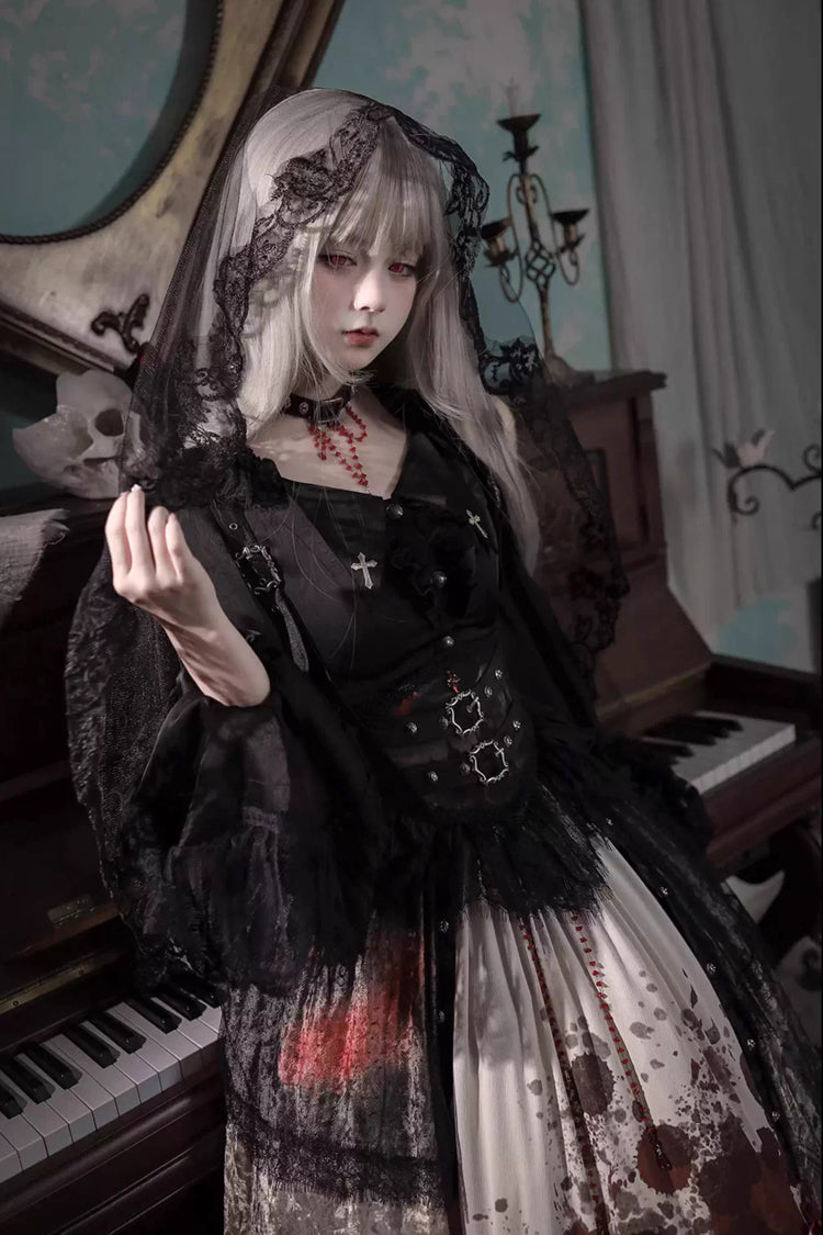 Heretical Nun Sleeveless Multi-Layered Printed Ruffled Open-Front Gothic Plus Size Lolita Strap Dress Long Version 2 Colors