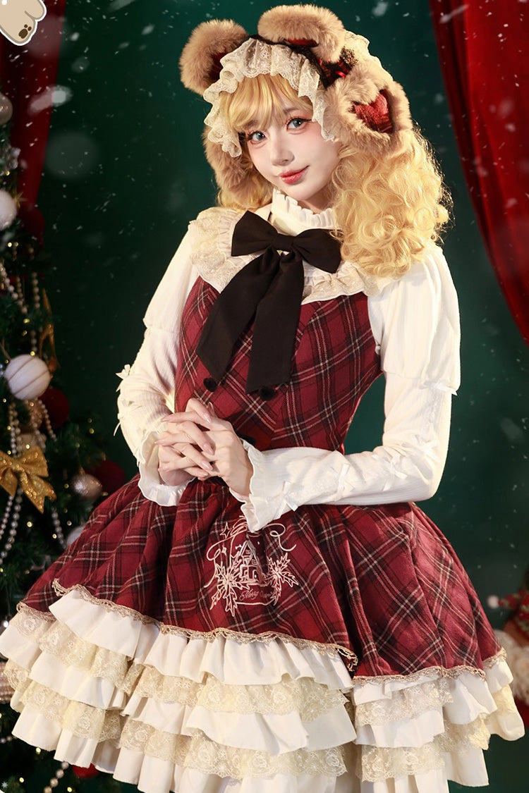 Red Chestnut Bear Cocoa Multi-Layered Christmas Plaid Print Ruffle Bowknot Sweet Lolita Jsk Dress Cloak