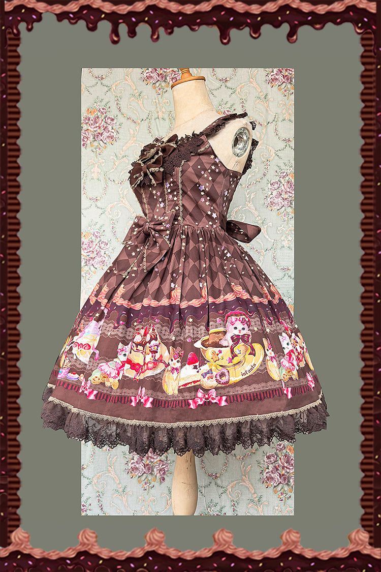 Cream Meow Sleeveless Print Bowknot Lace Sweet Lolita Jsk Dress 3 Colors