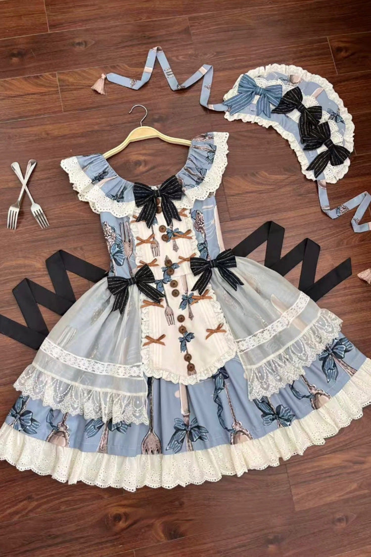 Blue The Witch's Banquet Sleeveless Printed Ruffled Embroidered Bow Lace Sweet Lolita Jsk Dress