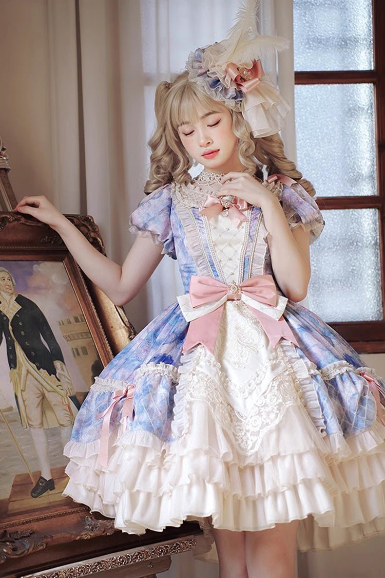 Angel Heart Sky Oil Painting Print Ruffle Cardigan Bowknot Sweet Princess Lolita Dress 3 Colors