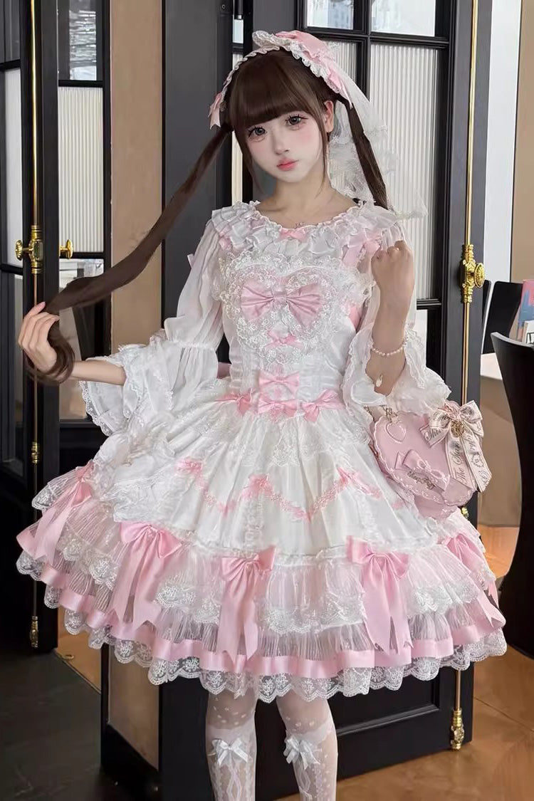 Pink/White Scarlet Heart Cocoa Sleeveless Triple-Layered Ruffle Embroidery Bowknot Lace Sweet Lolita Jsk Dress