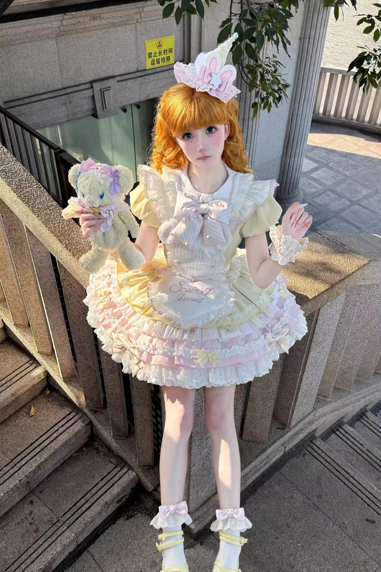 Yellow/Pink Sweet Bunny Chef Short Sleeves Multi-Layered Ruffle Bowknot Sweet Lolita Dress