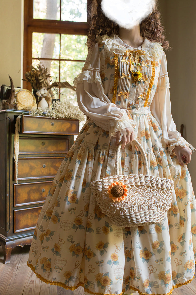 Apricot Gardening Sunflower Sleeveless Print Ruffle Bowknot Sweet Elegant Lolita Jsk Dress