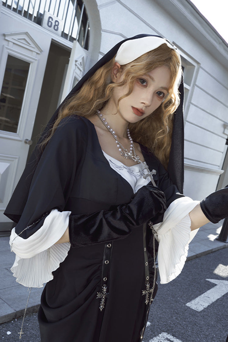 Black Halloween Night Temple Nun Short Sleeves Print Ruffle Gothic Elegant Lolita Dress