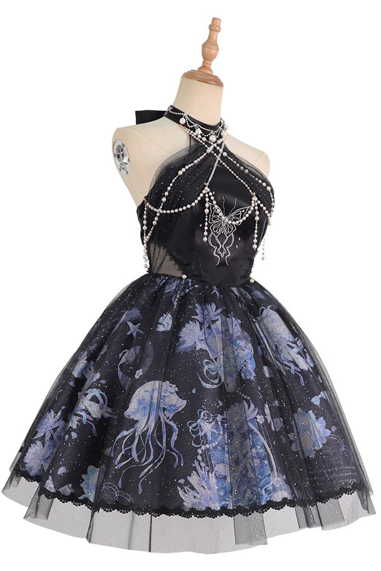 Blue Deep Sea Jellyfish Halterneck Sleeveless Print Embroidery Bowknot Lace Sweet Elegant Lolita Jsk Dress