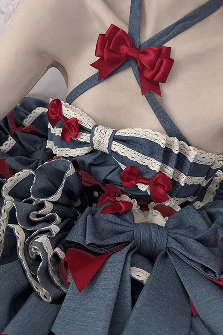 Blue Milk Rabbit Theater Halterneck Sleeveless Triple-Layered Ruffle Bowknot Lace-Up Sweet Lolita Jsk Dress