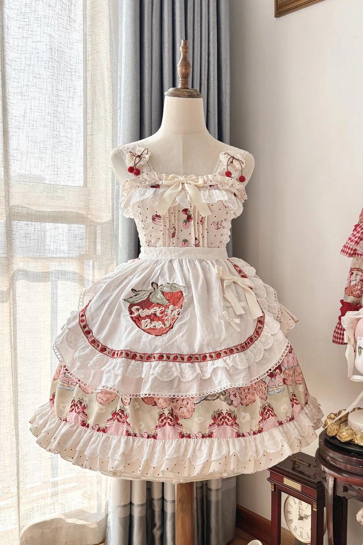 Ivory Strawberry Bear Sleeveless Double-Layered Print Ruffle Bowknot Sweet Princess Lolita Jsk Dress