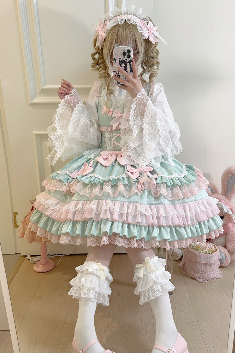 Green Multi-Layered Ruffle Bowknot Stitching Lace Sweet Lolita Jsk Dress