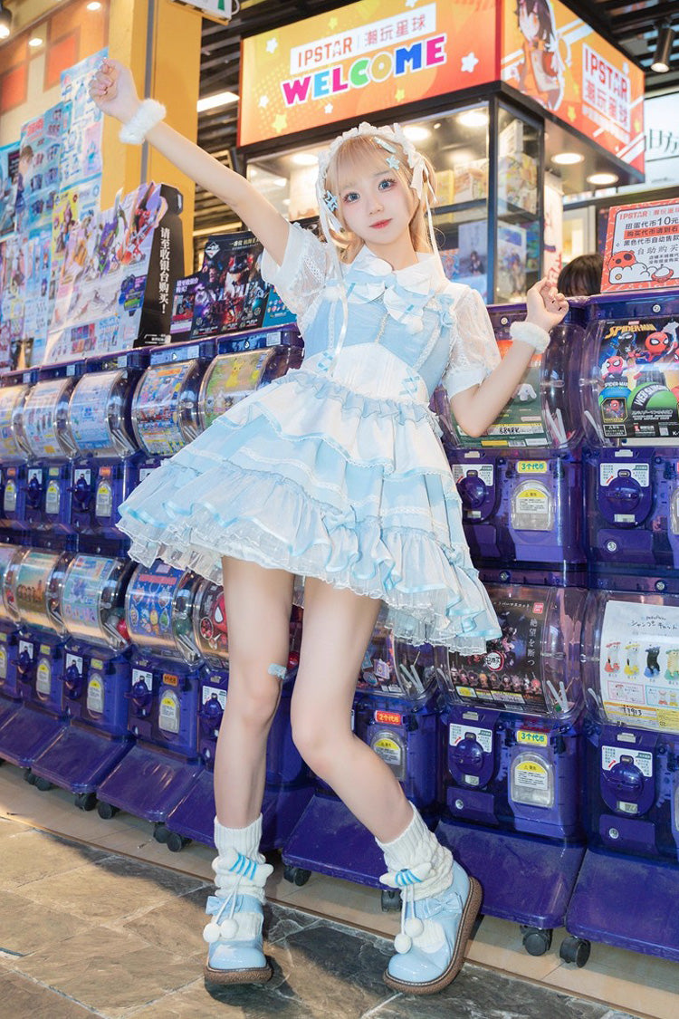 Blue/White Cotton Cloud Lapel Collar Ruffle Bowknot Lace-Up Sweet Lolita Jsk Dress
