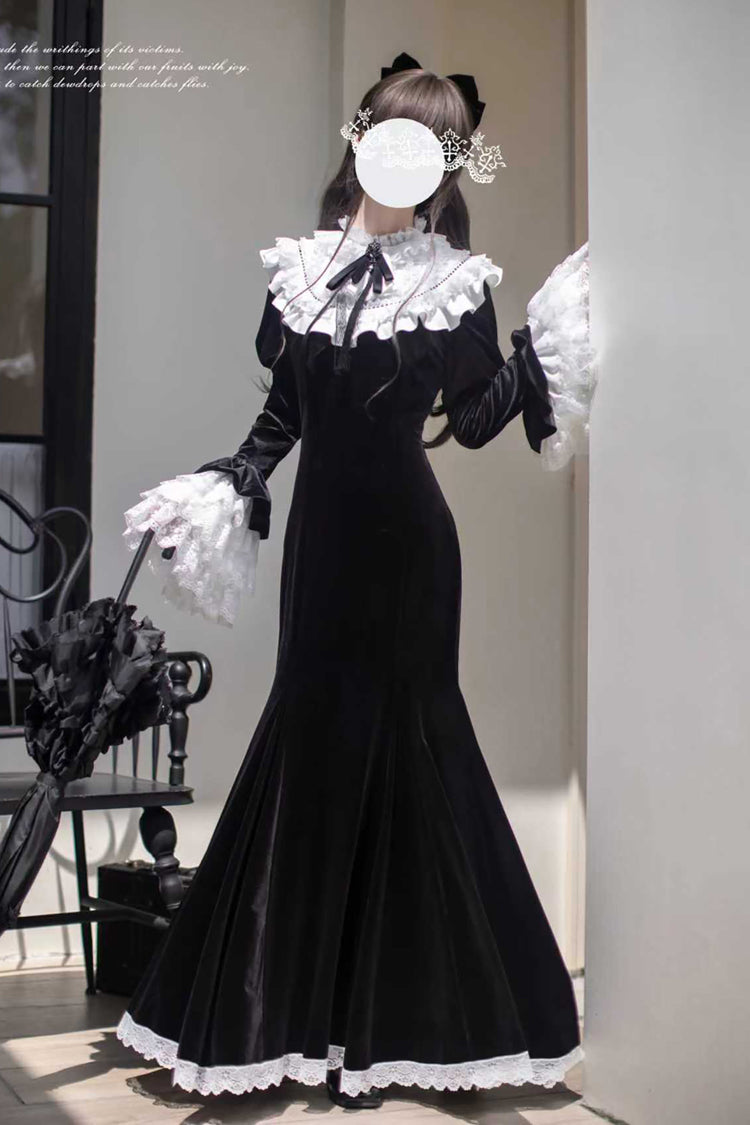 Black Raven-Feather Poetic Letter Velvet Long Hime Sleeves Ruffle Bowknot Gothic Elegant Lolita Fishtail Dress