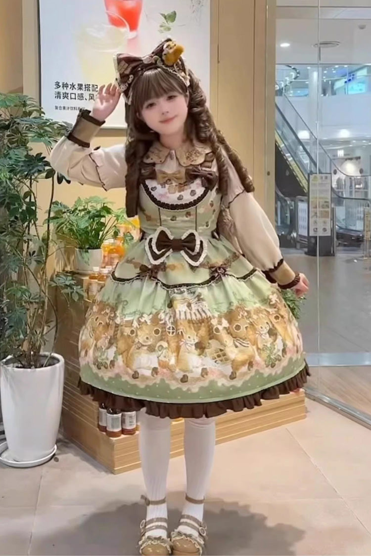 Green Squirrel Chocolate Shop Sleeveless Printed Ruffled Bow Sweet Lolita JSK Dress with Blouse