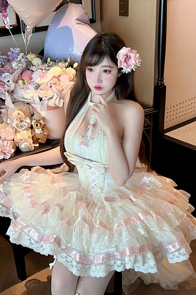 Beige Ballet Dream Halterneck Triple-Layered Ruffle Bowknot Lace-Up Sweet Princess Lolita Dress