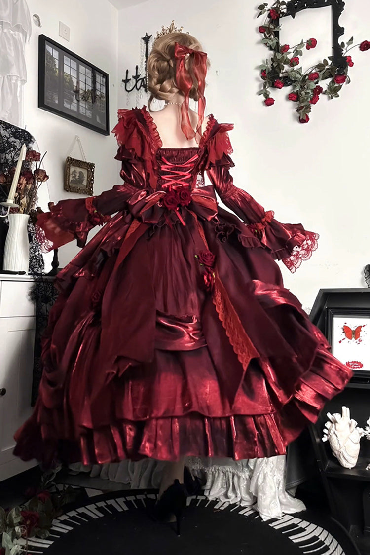 Red Tana Manor Rose Flower Long Sleeves Ruffle Bowknot Elegant Gothic Princess Lolita Strapless Dress