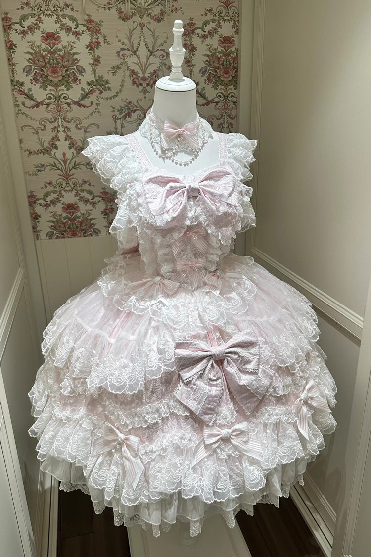 Pink Sakura Dream Romance Sleeveless Multi-Layered Ruffled Hanayome Bow Lace Sweet Princess Lolita Jsk Dress