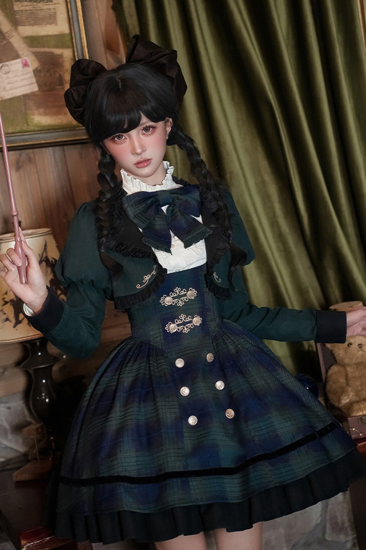 Blue/Green Berlin's letter Double-Layered Plaid Print Ruffle Bowknot Classic College Style Lolita Strap Dress Set 2 Versions