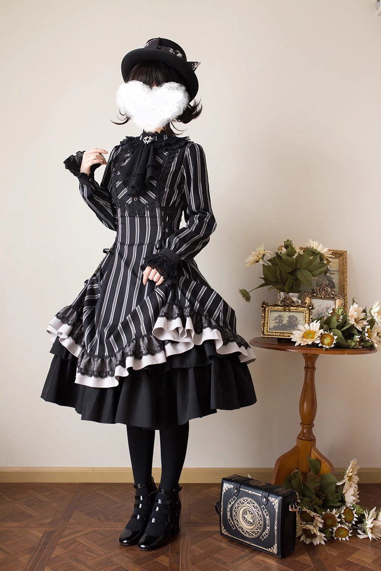 Black Stand Collar Long Sleeves Multi-layer Striped Print Ruffle Gothic Lolita Dress