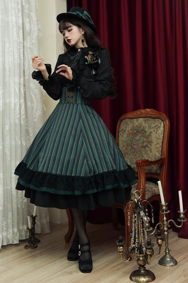 Point Manor Multi-layer Striped Print Ruffle Vintage Elegant Gothic Lolita Skirt 4 Colors