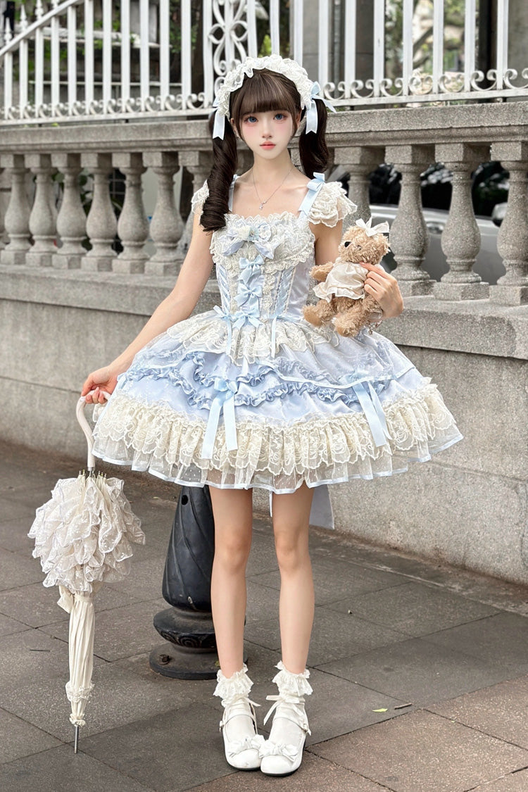 Blue Dreaming Butterfly Multi-Layered Jacquard Ruffle Bowknot Lace Sweet Princess Lolita Jsk Dress