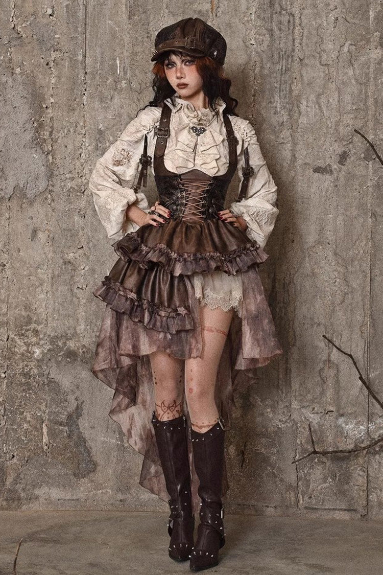 Brown Chest Straps Ruffle Irregular Detachable Tail Punk Lolita Dress