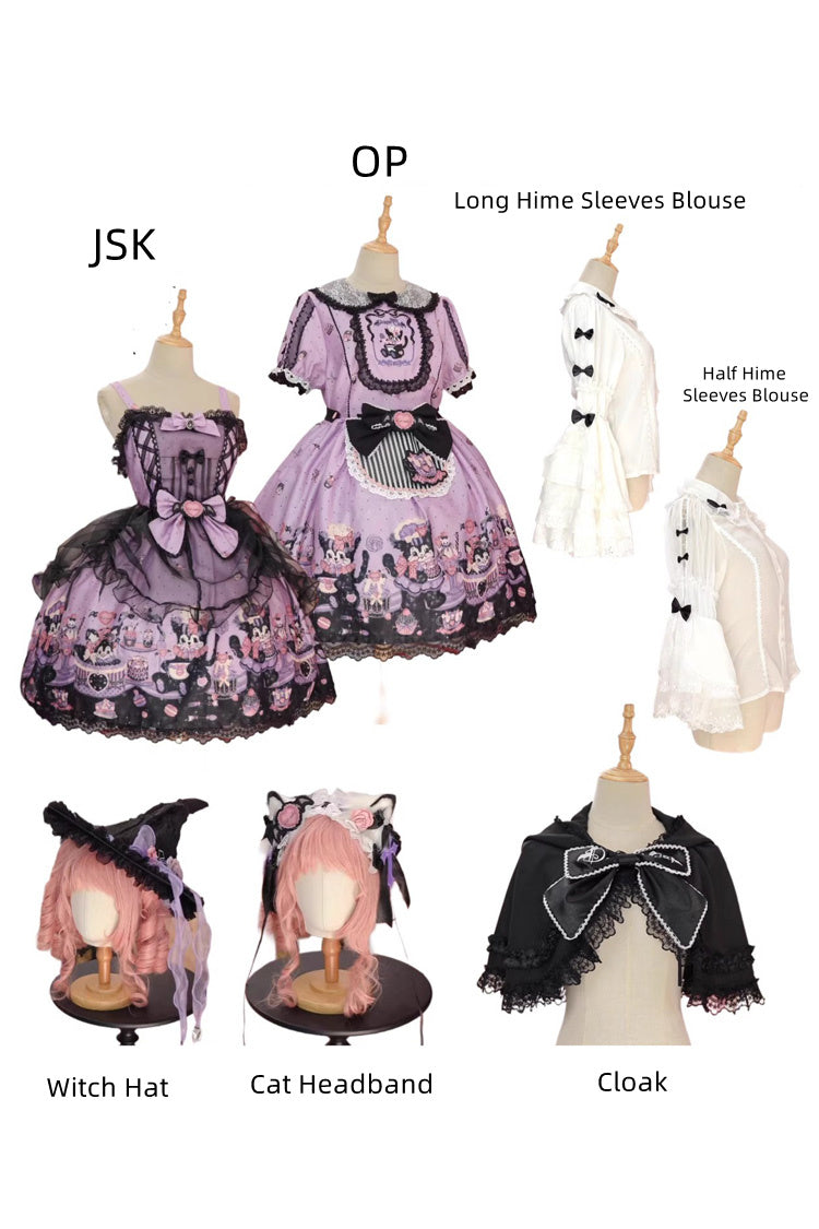 Purple Devil Cat Print Short Sleeves Ruffle Bowknot Lace Gothic Lolita OP Dress (Plus Size Support)