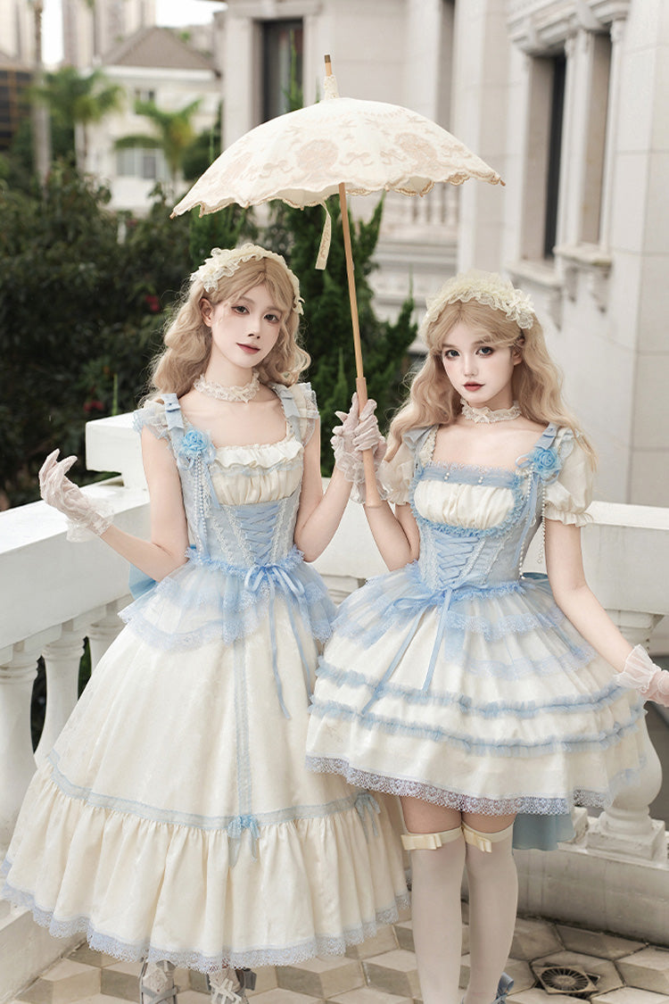 Ivory Sea Salt Iced Tea Square Collar Flying Sleeves Ruffle Fishbone Sweet Lolita Jsk Long Dress