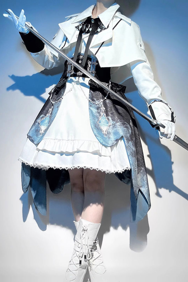 White/Blue Gradient Print Ruffle Cardigan Pearl Sweet College British Knight Style Handsome Lolita Dress Set
