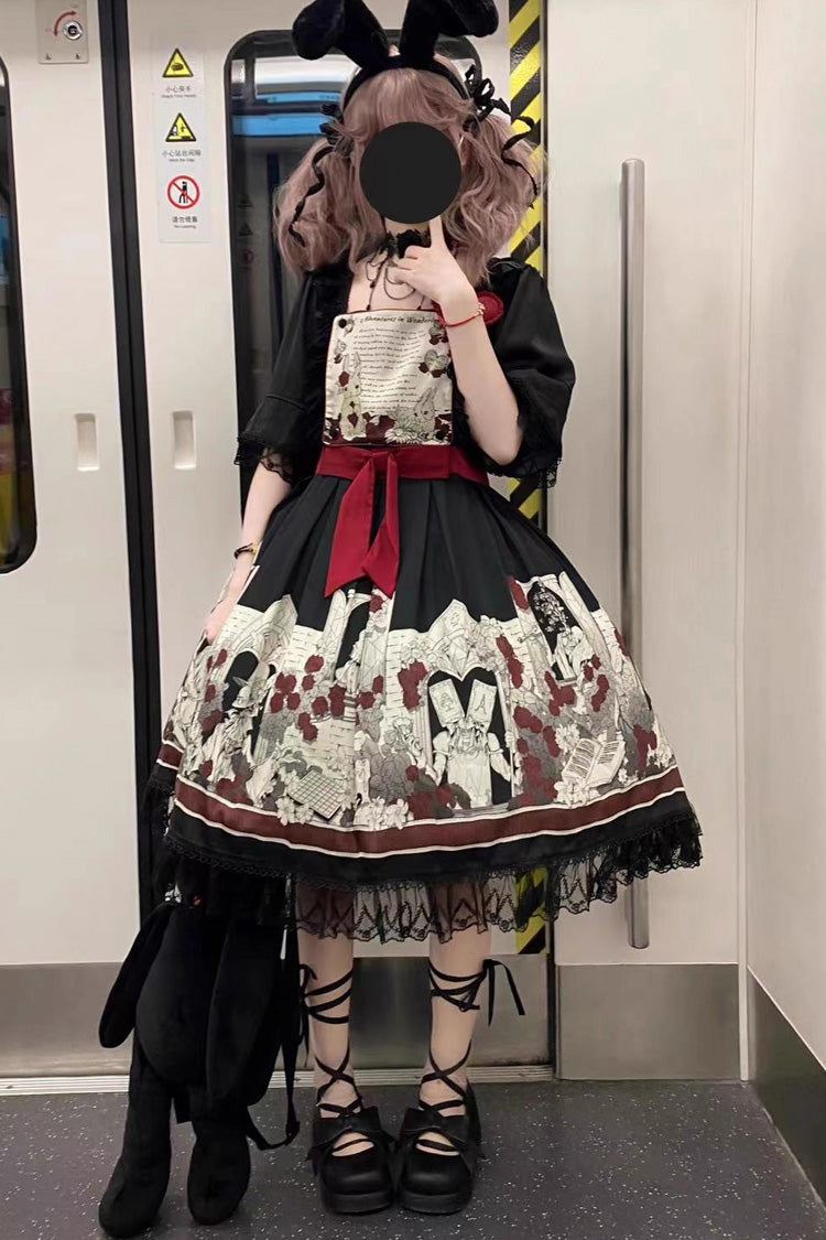 Black Alice of the Asylum Print Bowknot Lace Gothic Lolita Dress 2 Versions