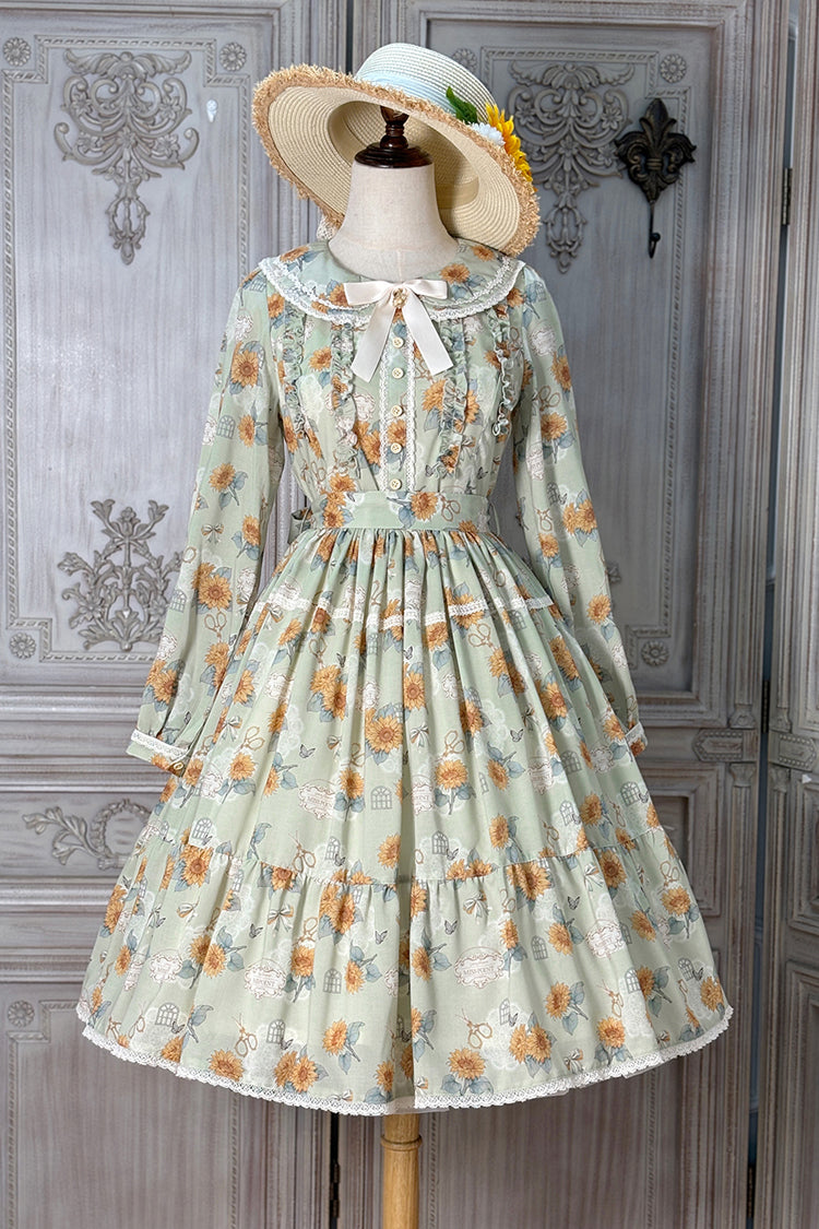 Green Gardening Sunflower Long Sleeves Print Ruffle Bowknot Sweet Elegant Lolita Dress