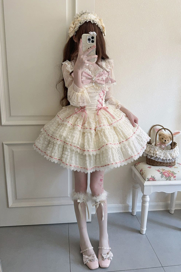 Apricot Song of Floral Letters Sleeveless Triple-Layered Bowknot Lace-Up Sweet Lolita Jsk Dress
