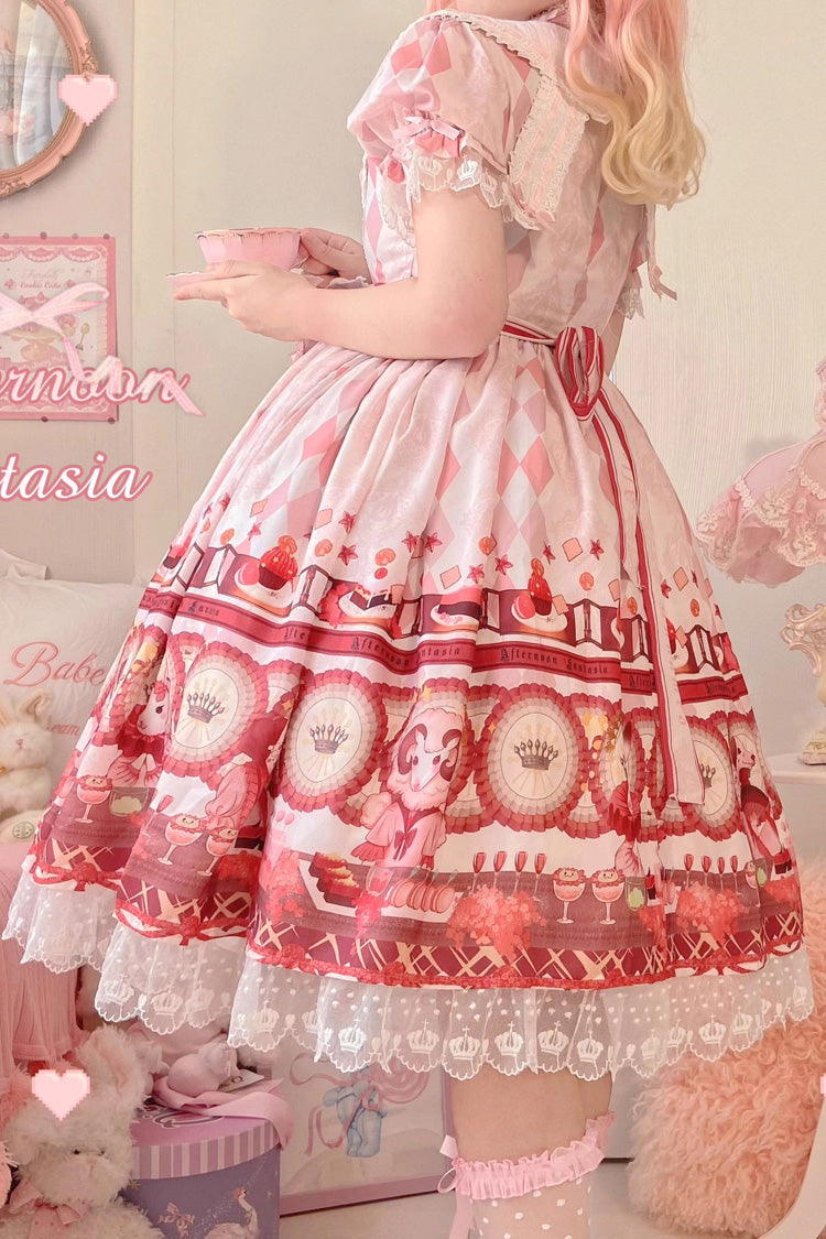White Afternoon Fantasia Print Ruffle Bowknot Sweet Lolita Jsk Dress