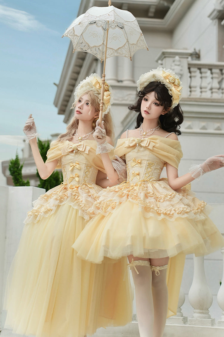 Yellow Sissi's Pilgrimage Off Shoulder Ruffle Bowknot Lace Sweet Lolita Skirt (Short Version)