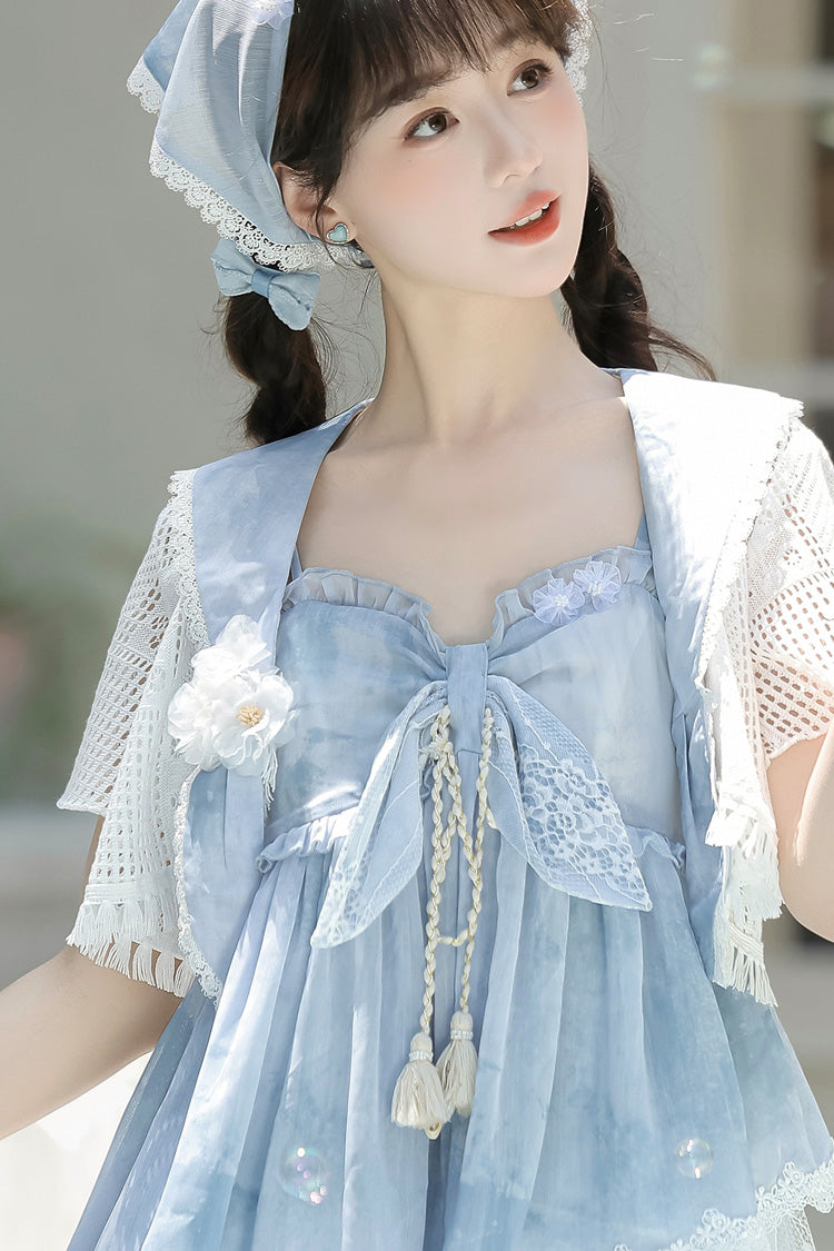 Blue Clouds Resting in the Wilderness Print Ruffle Embroidery Bowknot Lace Irregular Lolita Jsk Dress