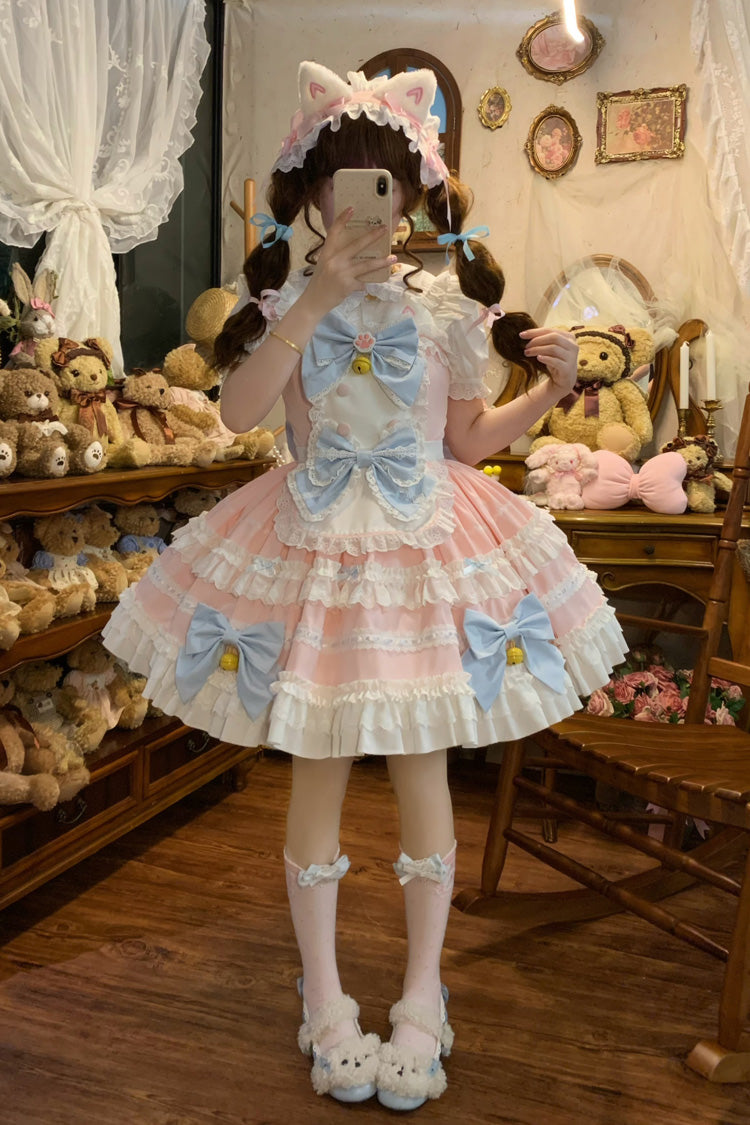 Pink Meowling Sweet Maid Sleeveless Multi-Layered Ruffle Bowknot Lace Sweet Princess Lolita Jsk Dress